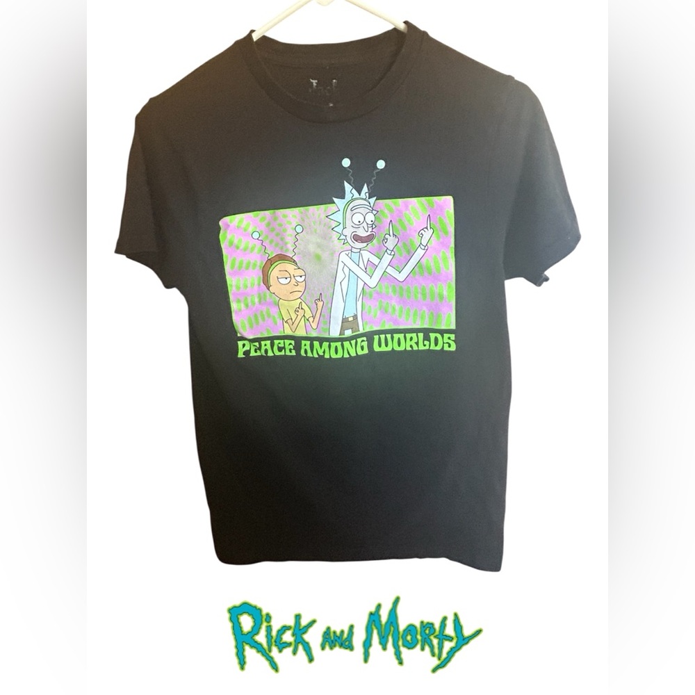 RICK AND MORTY T-SHIRT ‘PEACE AMONG WORLDS’  CARTOON NETWORK UNISEX BLACK TEE